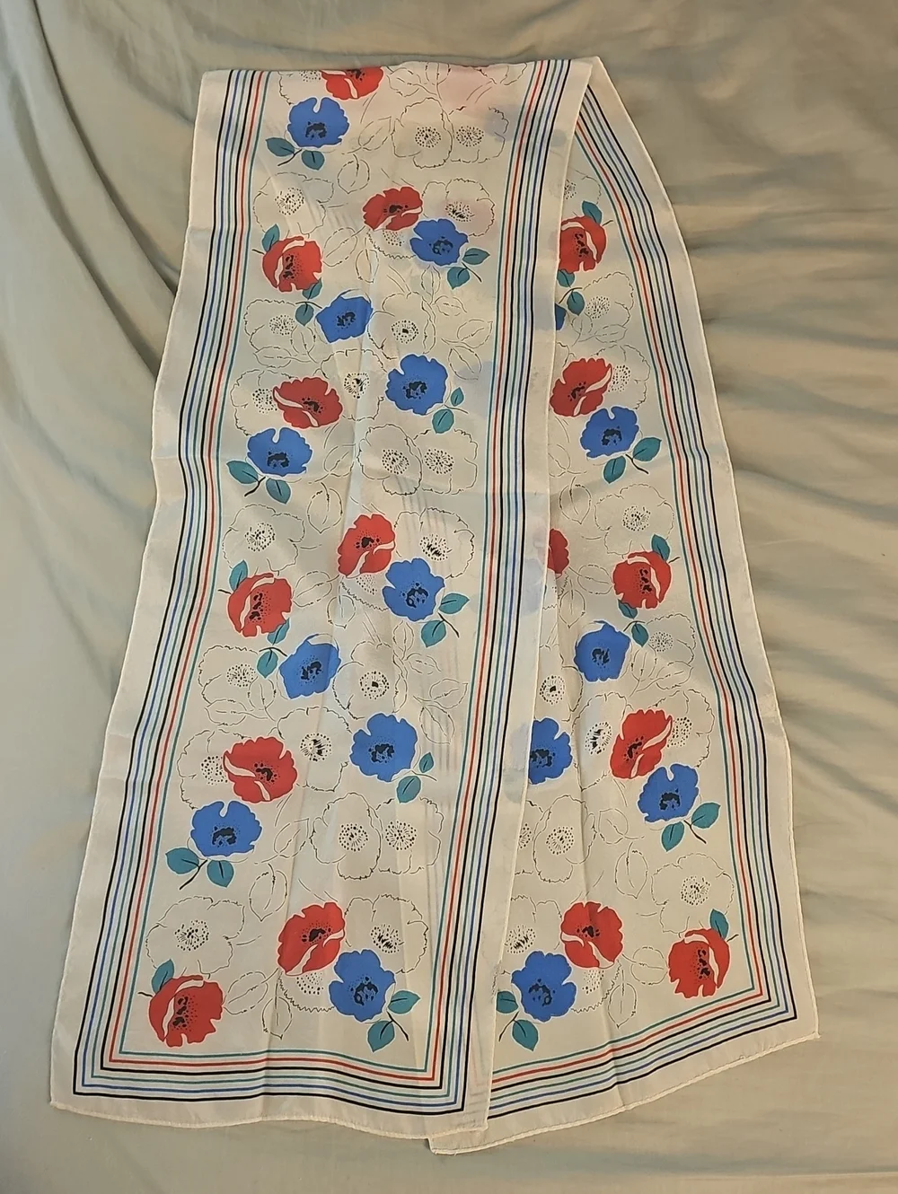 Vintage Silk Poppy Oblong Scarf Red White Blue Neckerchief